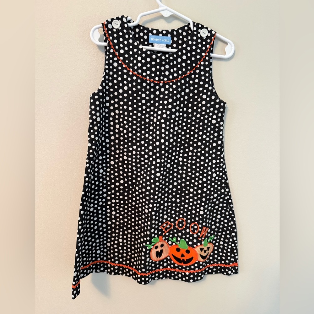 Monday’s Child Polka Dot Halloween Dress with Pumpkin Design